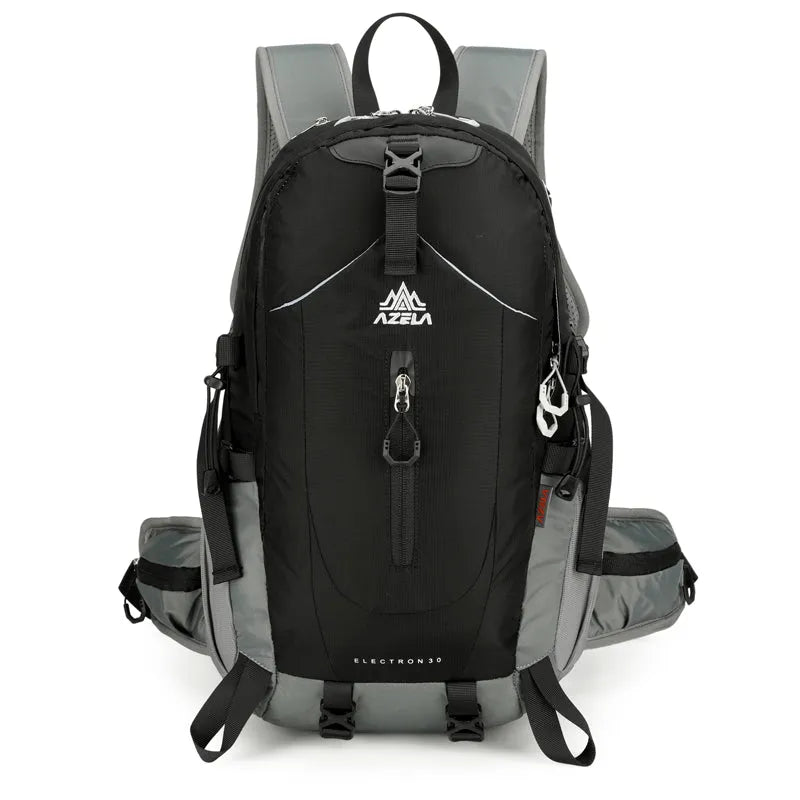 AZELA Electron 40L hiking backpack in white and navy with multiple compartments and adjustable straps