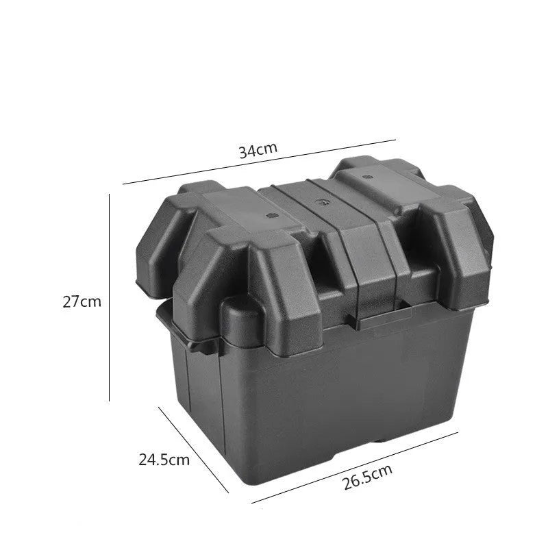 Universal Battery Storage Box portable battery box with double fixing strap and base screw in durable black PP plastic available in two sizes large 44x24.5x27cm and small 34x24.5x27cm for secure power bank organisation and transport.