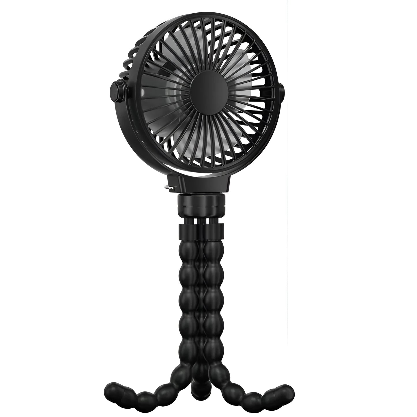 Black flexible tripod clip fan with USB charging cable, showing wrapped legs and blade guard.