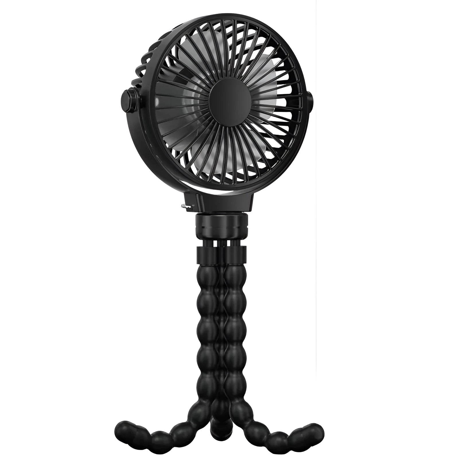 Black flexible tripod clip fan with USB charging cable, showing wrapped legs and blade guard.