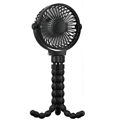 Black flexible tripod clip fan with USB charging cable, showing wrapped legs and blade guard.