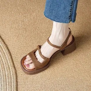 Beige women's open-toe square toe platform sandals with a retro design on a white background.