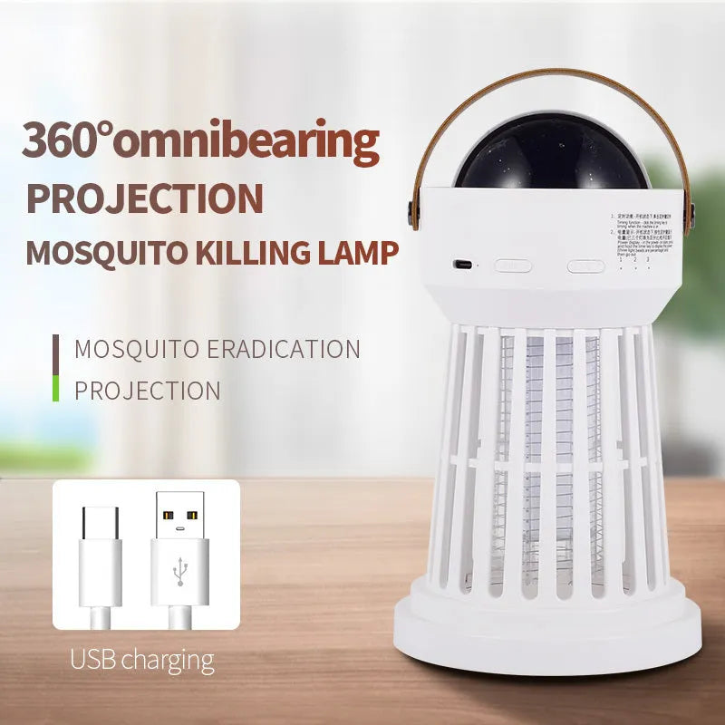 White electric mosquito killer lamp with star projection feature and a folding handle.