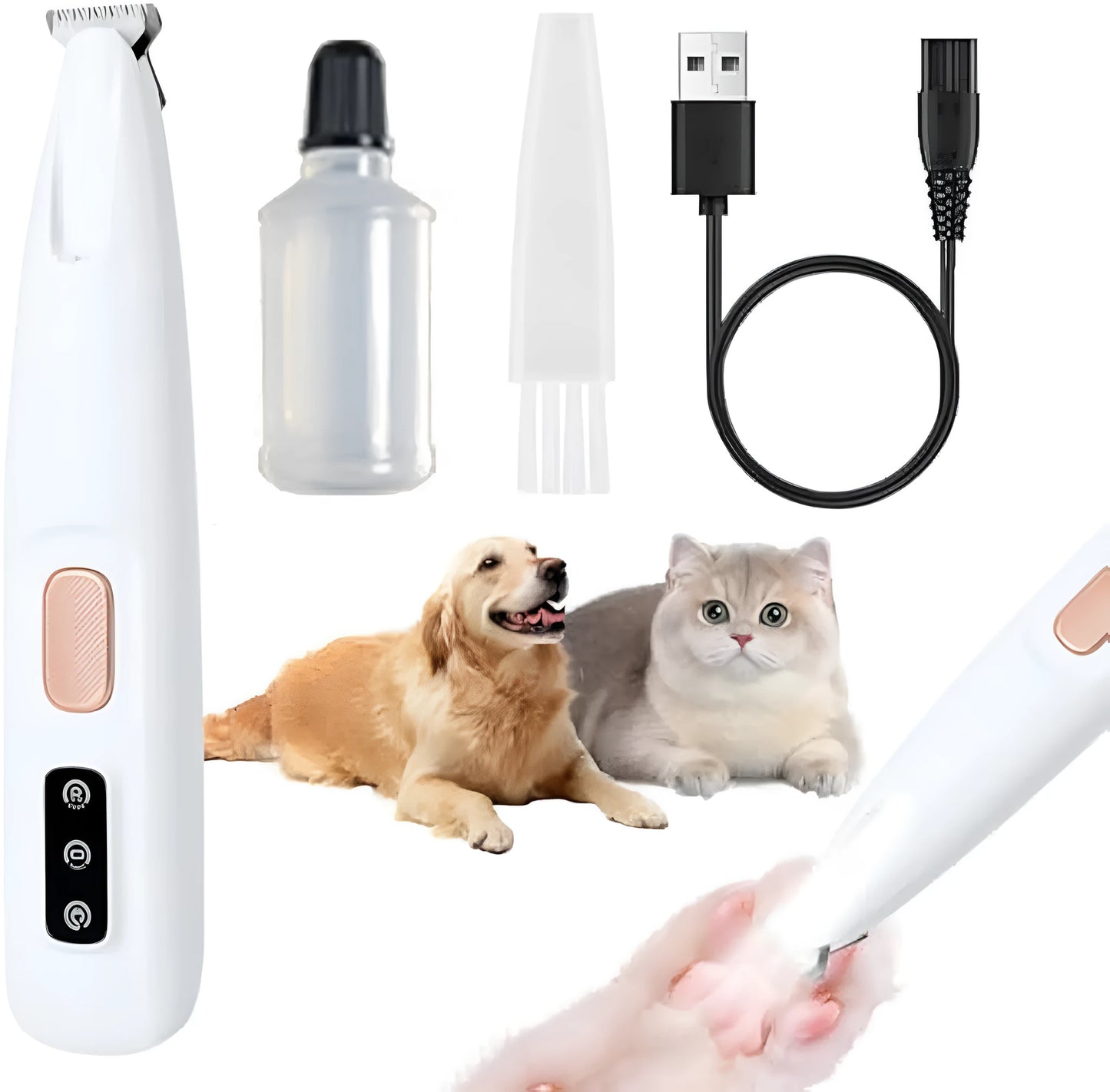White USB rechargeable electric pet paw trimmer with LED light on grooming dog claws