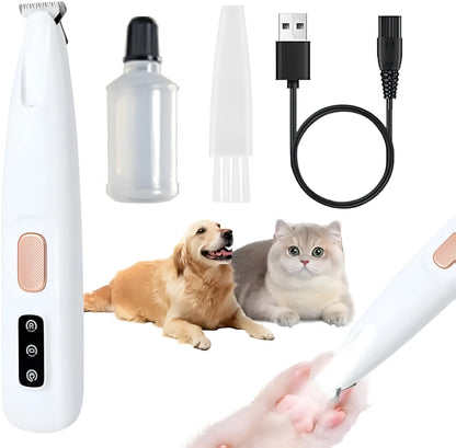 White USB rechargeable electric pet paw trimmer with LED light on grooming dog claws