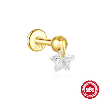 S925 sterling silver moon and star earrings with embedded diamond accents on a geometric design