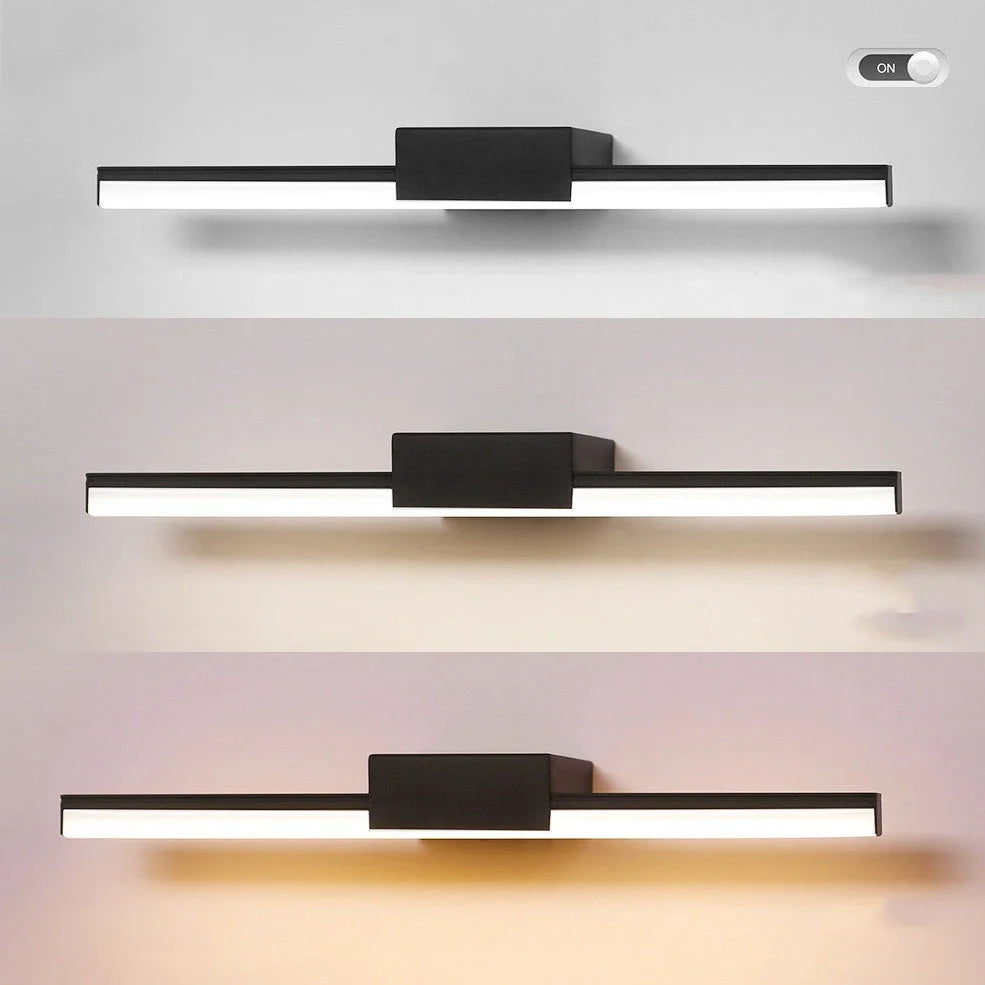 Nordic style bathroom LED mirror headlight in black or white, 40cm-60cm sizes with three lighting modes