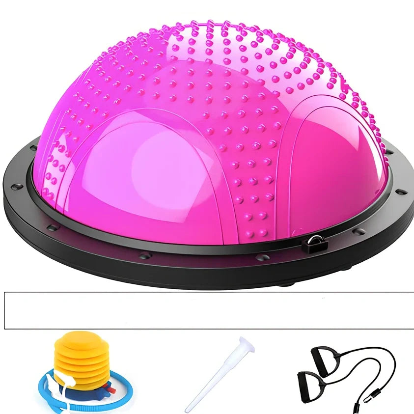 Blue Pilates exercise ball with inflation pump and storage accessories for home fitness