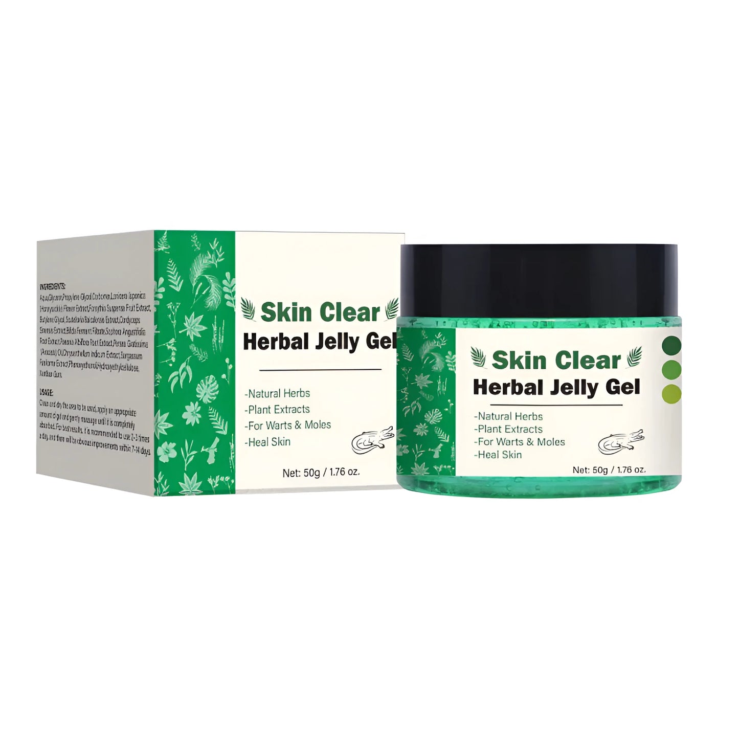 Clear herbal gel skincare product in 50g container with transparent formulation