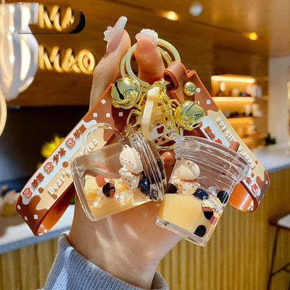 Women's trendy schoolbag pendant keychain with oil-infused pearl milk tea bear designs