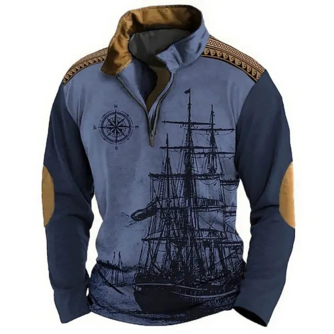 Man wearing a loose-fit long sleeve polo shirt with retro colour printing and a zip detail on the chest.