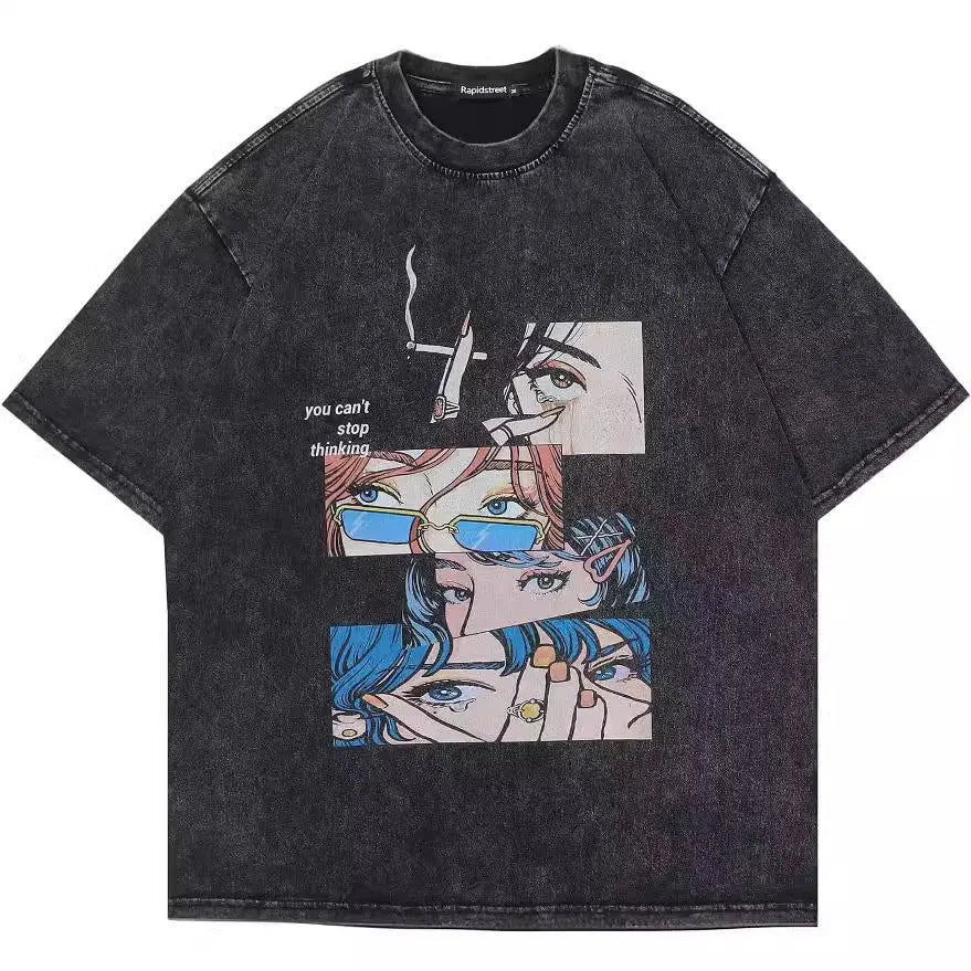 Men's black loose fit cotton t-shirt with retro cartoon pattern and short sleeves