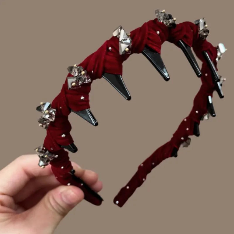 Velvet and crystal embellished high-head hairband in a choice of colours on a white background.
