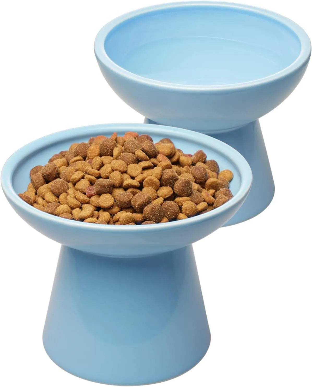 Elevated wide shallow ceramic cat food and water bowl in blue, green, pink, or white colour options.
