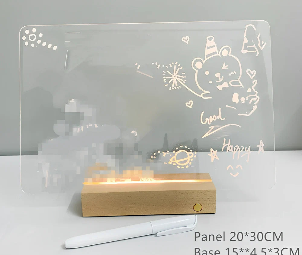 Transparent luminous acrylic note board measuring 100mm x 160mm with erasable surface and included pen