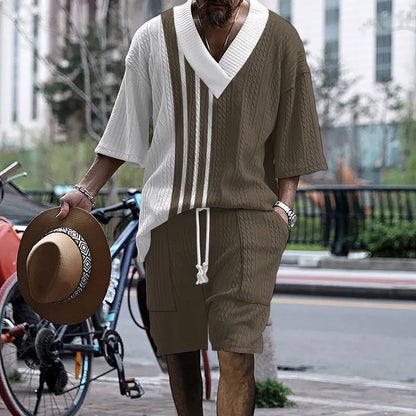 Printed drop-shoulder men's knitted shorts suit in polyester blend, short sleeves and shorts, colour options TH01-362 to TH01-366
