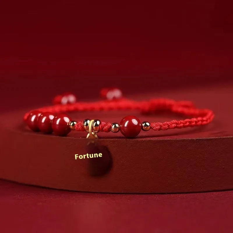 Cinnabar ethnic bracelet with braided rope strap and blessing charm for college entrance exams