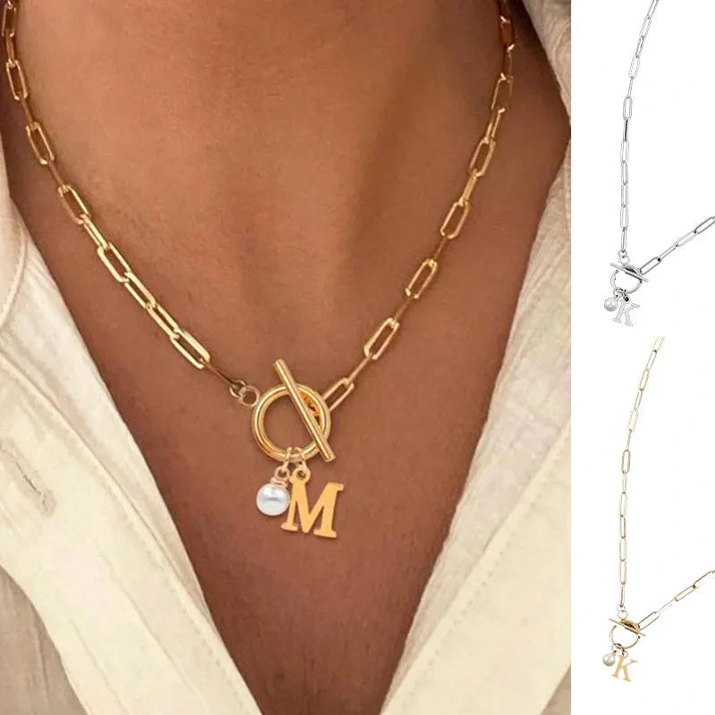 Personalized English letter necklace with stainless steel chain and imitation pearl pendant