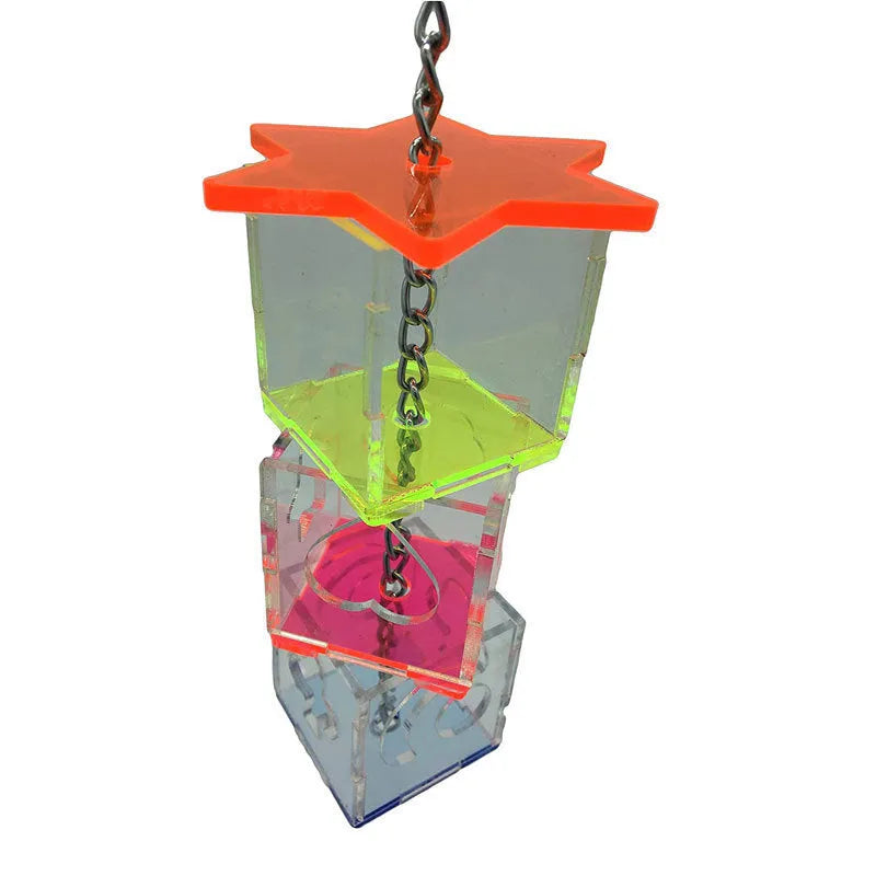 Clear acrylic bird foraging toy for parrots, 32cm tall food container.