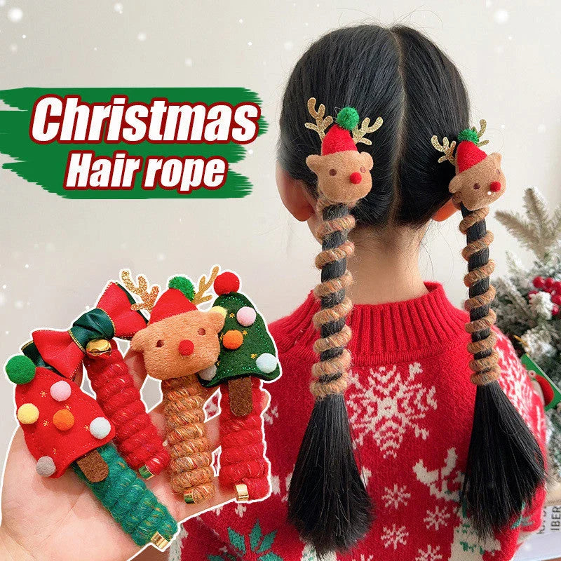 Festive Christmas hair ties with various holiday-themed designs, including red bells, green Christmas trees, and khaki deer shapes.