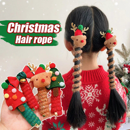 Festive Christmas hair ties with various holiday-themed designs, including red bells, green Christmas trees, and khaki deer shapes.