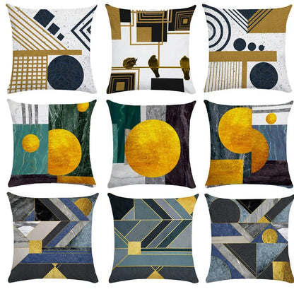 Geometric pattern throw pillow on office sofa showing 45x45cm size with plush fabric texture