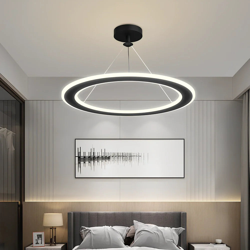 Circular LED bedroom chandelier with iron body and PMMA shade in black, gold or white