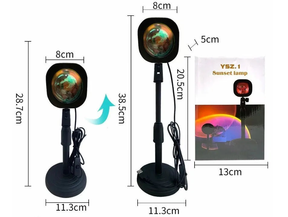 Rechargeable rainbow and sunset projection lamp with USB cable and push-button switch.