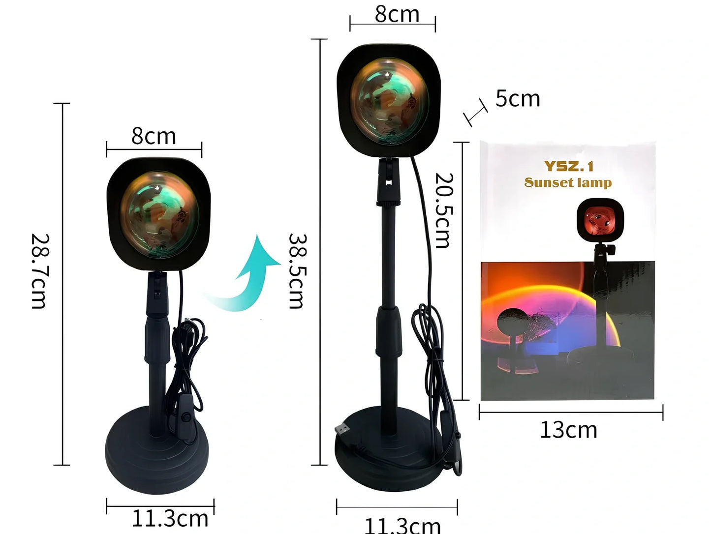 Rechargeable sunset projection lamp showing red and rainbow colours on wall