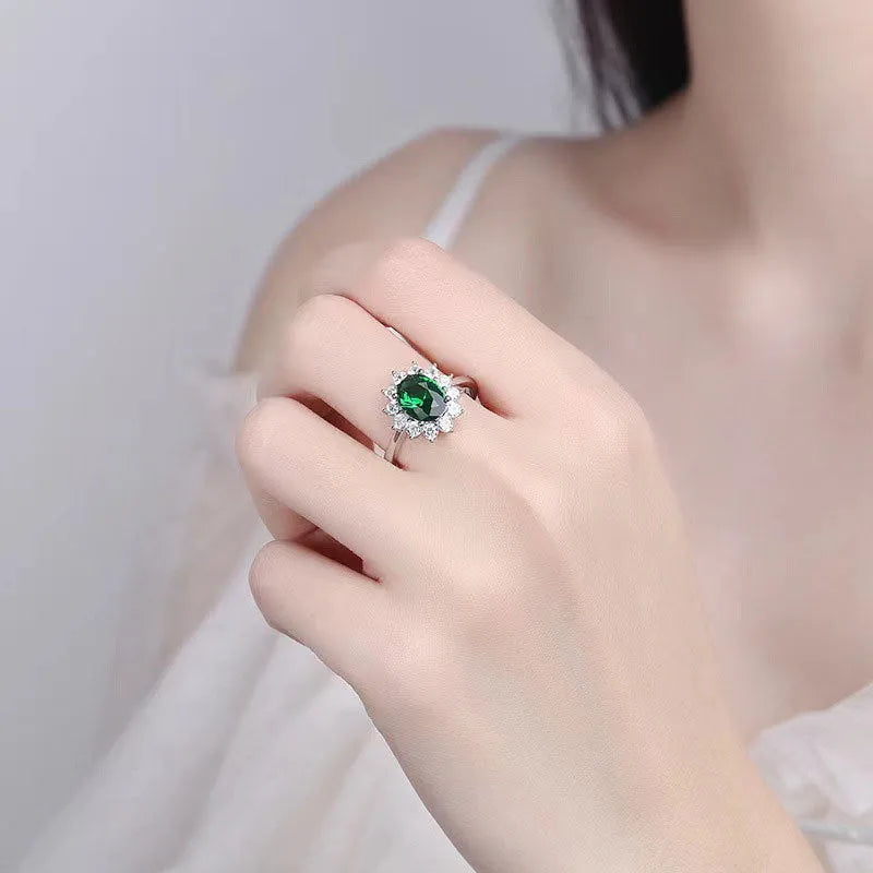 Women's copper ring with moissanite stone, featuring a flower design and electroplated finish, available in green, sapphire blue, or pomegranate red, sized UK 6 to 10 for a fashion accessory