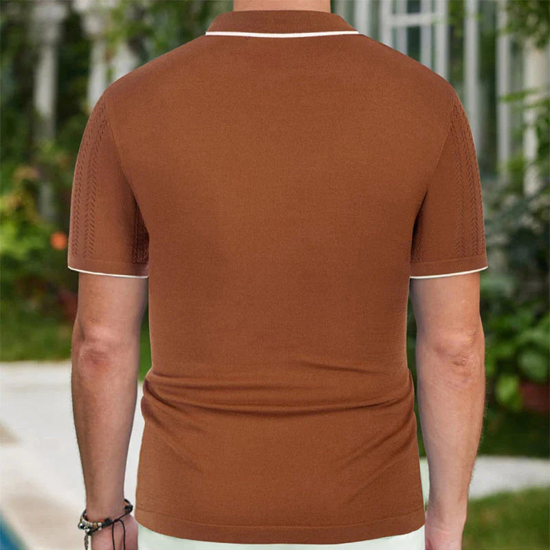 A stylish short-sleeve polo shirt made with premium Tencel fabric, featuring a unique flocked design and a variety of classic color options.
