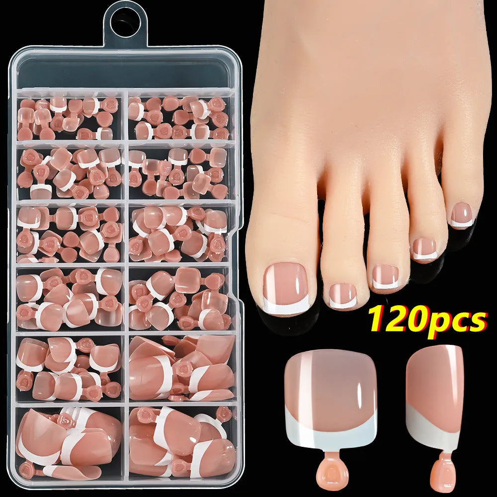 Box of 120 full square short artificial nail tips with French white edges in multiple nude shades.