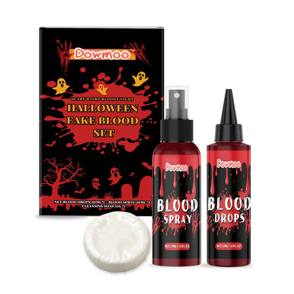 3-piece washable fake blood set with plasma drops, plasma spray, and surface soap for horror special effects makeup