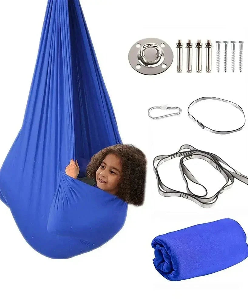 Child in black therapy swing cocoon with multi-loop daisy chain height adjustment system