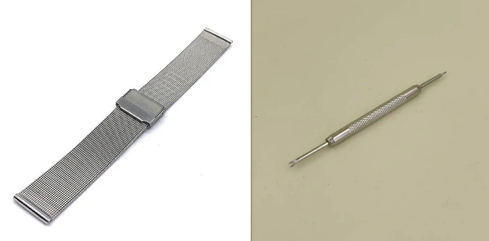 Silver stainless steel watch strap with double buckle closure showing eight width options from 10mm to 24mm