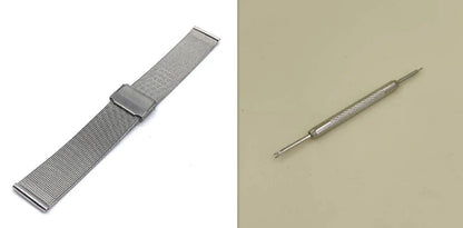 Silver stainless steel watch strap with double buckle closure showing eight width options from 10mm to 24mm