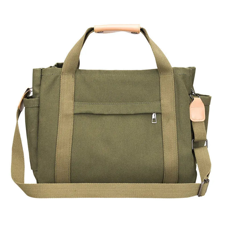 Army Green canvas tote bag showing open top with internal laptop pocket and organisers.