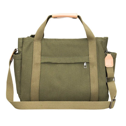 Army Green canvas tote bag showing open top with internal laptop pocket and organisers.