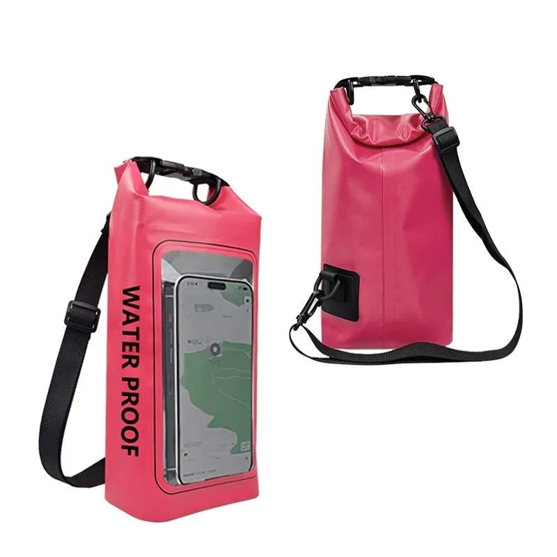 Army green PVC waterproof crossbody bag for mobile phones on a beach.