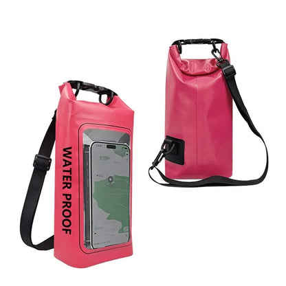 Army green PVC waterproof crossbody bag for mobile phones on a beach.