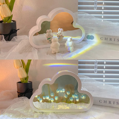 DIY tulip-shaped night lamp kit with LED lights and mirror surface in assorted colours on a desk.