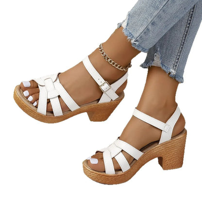 Plus size women's black peep toe sandals with chunky heel and buckle ankle strap