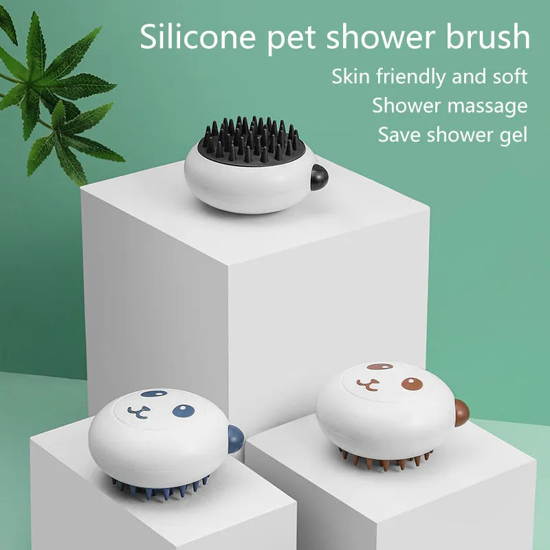 Panda-shaped silicone pet shower brush for cat and dog bathing with soft bristles