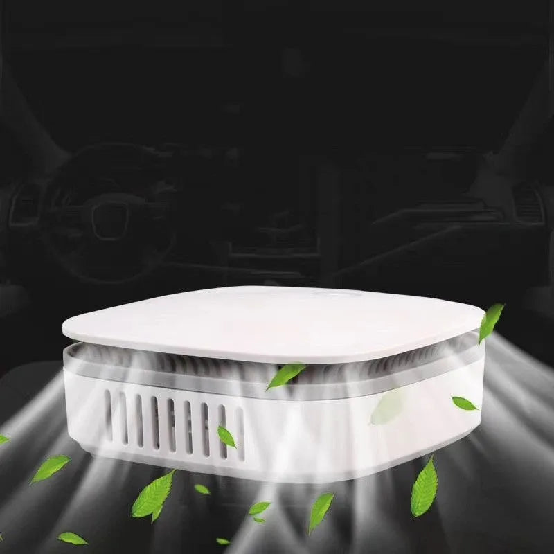 White USB car air purifier with negative ion sterilisation and composite filter