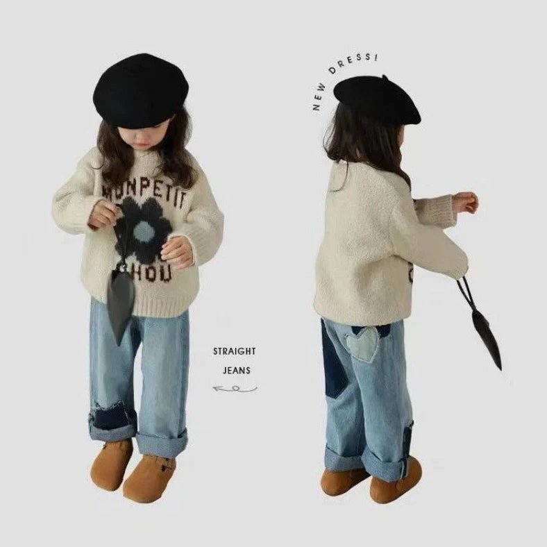 Apricot girls' pullover sweater with letter flower pattern, long Korean-style sleeves, round neck