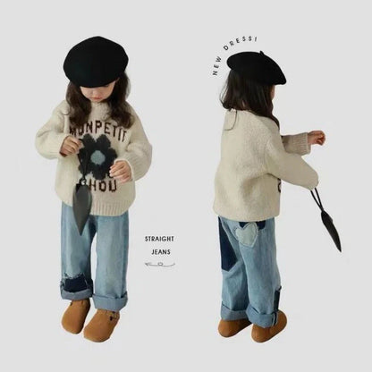 Apricot girls' pullover sweater with letter flower pattern, long Korean-style sleeves, round neck