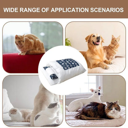 Removable winter sleeping bag bed for cats and dogs with pillow, shown in multiple sizes.