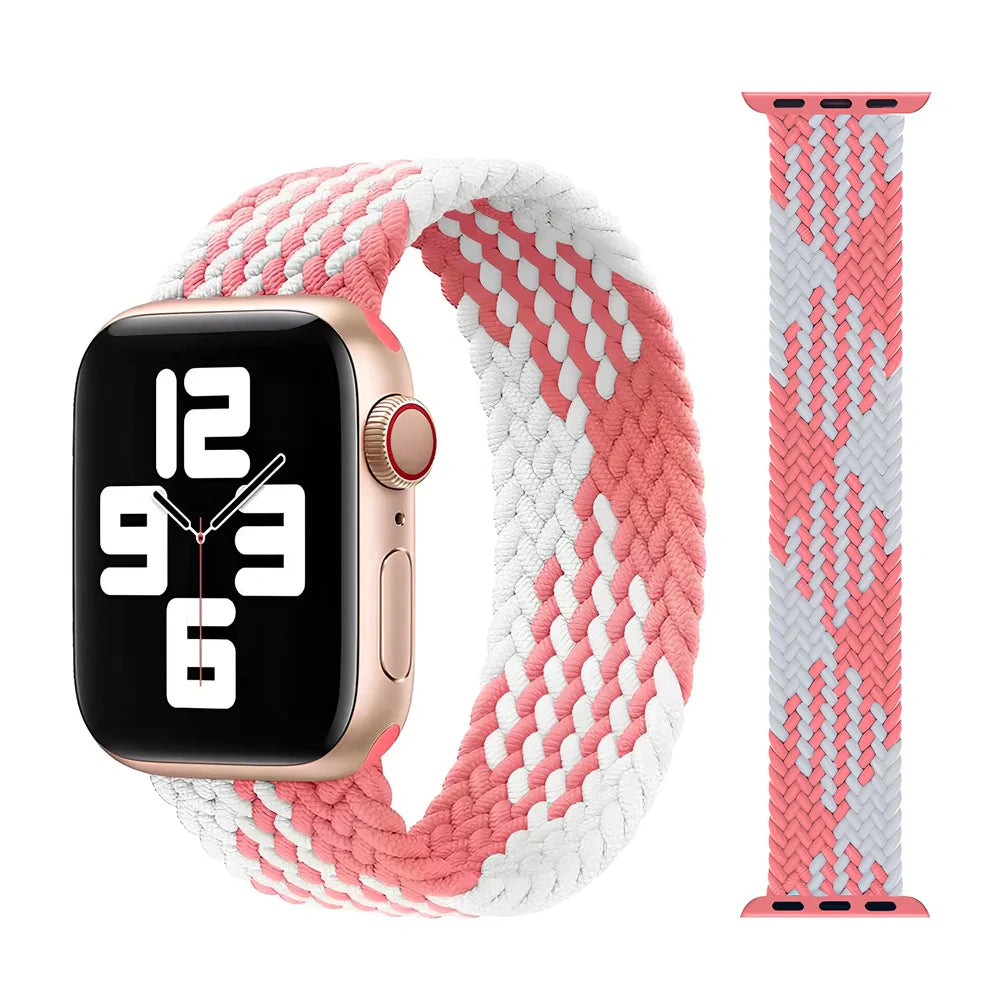 Apple Watch with elastic braided nylon strap in single-loop design showing stretch capability