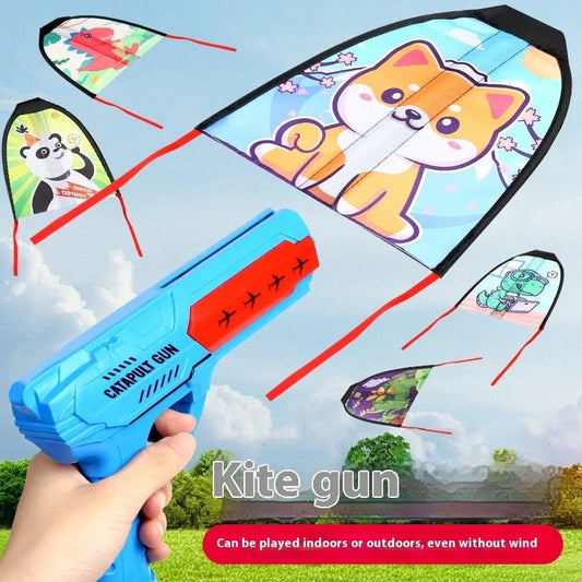 Blue plastic kite gun toy with rubber band launcher and 90g kite for children's outdoor play