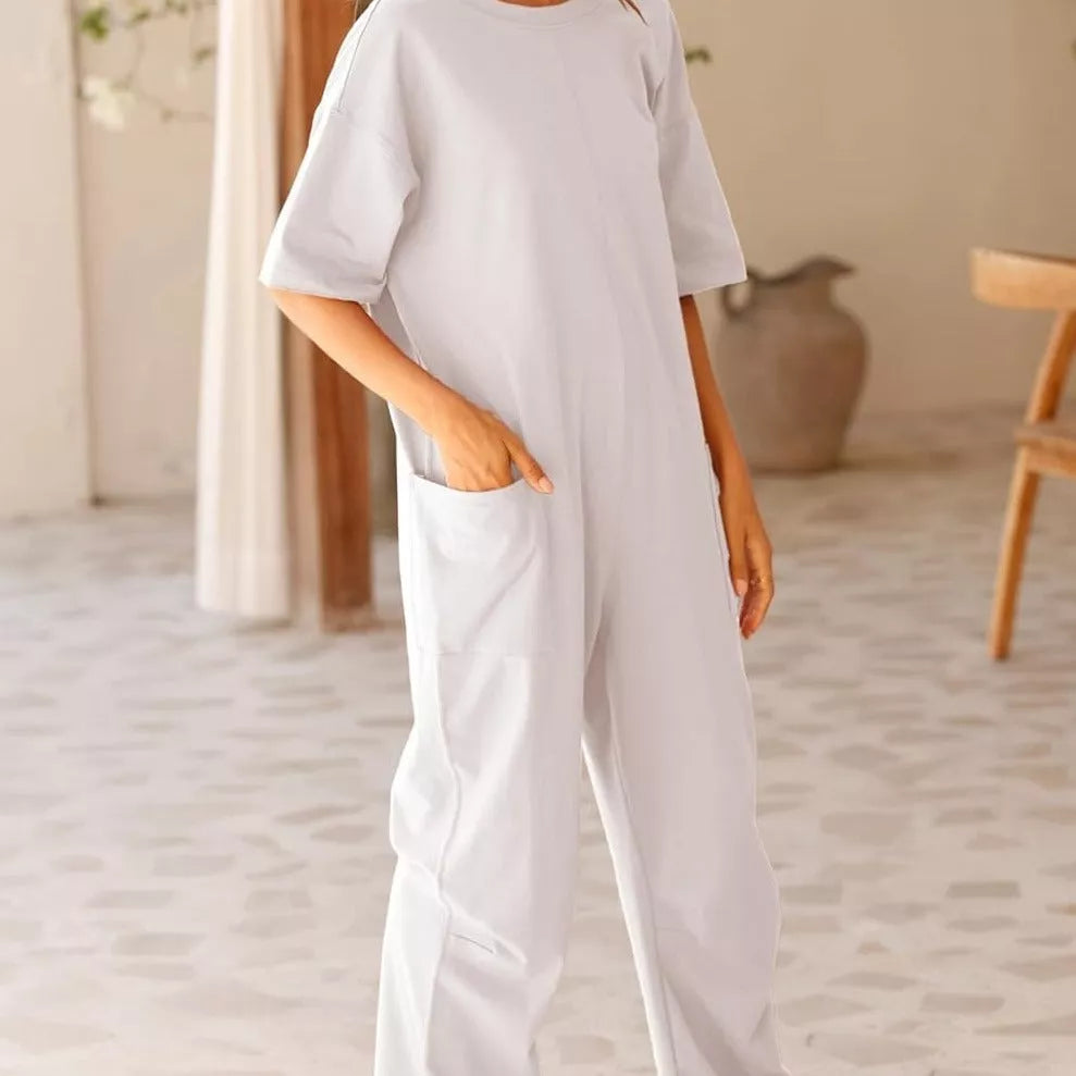 Women's Stretch V-neck Jumpsuit with pockets in gray, brown, green, white, and black